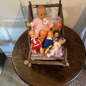 Vintage Doll Set with Wooden Stroller